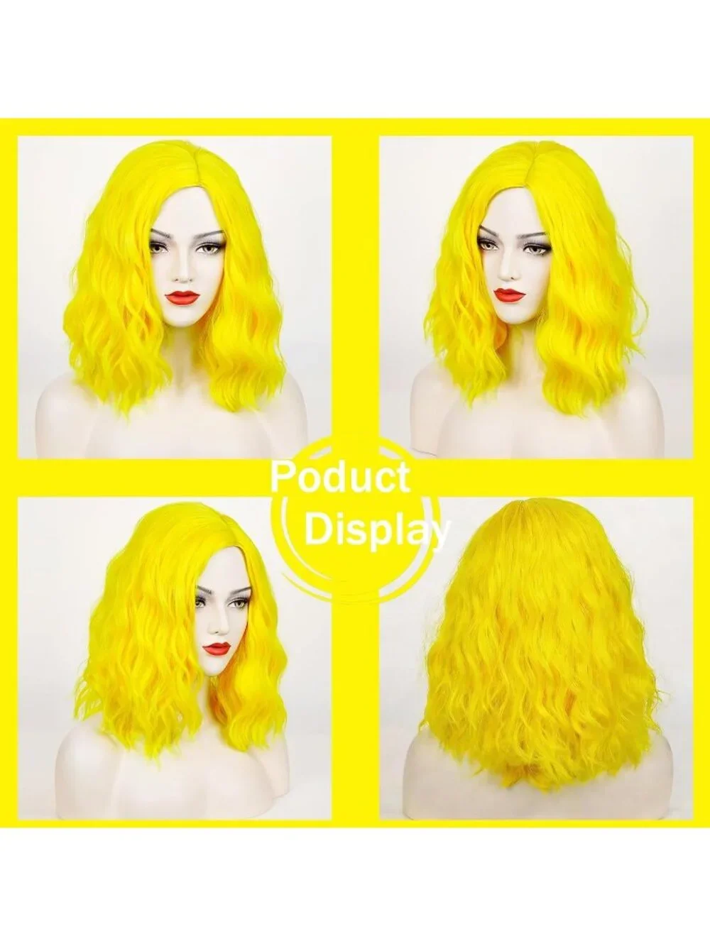 Women's 14 Inch Yellow Wavy Bob Wig Short Curly Synthetic Heat Resistant